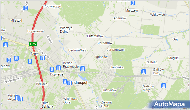 mapa Ignaców gmina Brzeziny, Ignaców gmina Brzeziny na mapie Targeo