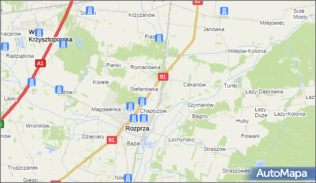 mapa Ignaców gmina Rozprza, Ignaców gmina Rozprza na mapie Targeo