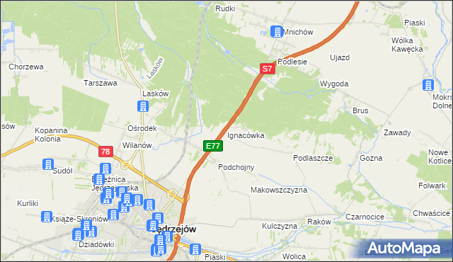 mapa Ignacówka gmina Jędrzejów, Ignacówka gmina Jędrzejów na mapie Targeo