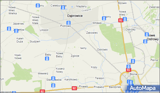 mapa Iwiny gmina Dąbrowice, Iwiny gmina Dąbrowice na mapie Targeo