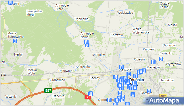 mapa Izabelów gmina Zduńska Wola, Izabelów gmina Zduńska Wola na mapie Targeo