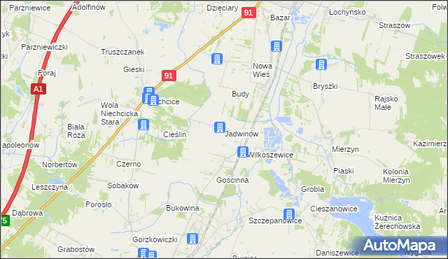 mapa Jadwinów gmina Gorzkowice, Jadwinów gmina Gorzkowice na mapie Targeo