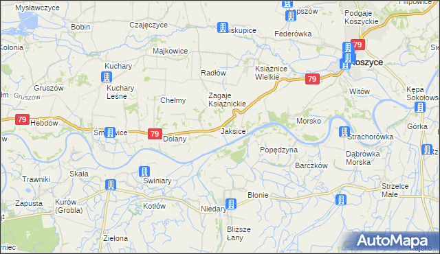 mapa Jaksice gmina Koszyce, Jaksice gmina Koszyce na mapie Targeo