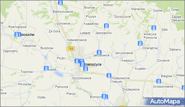 mapa Jakubowice gmina Działoszyce, Jakubowice gmina Działoszyce na mapie Targeo