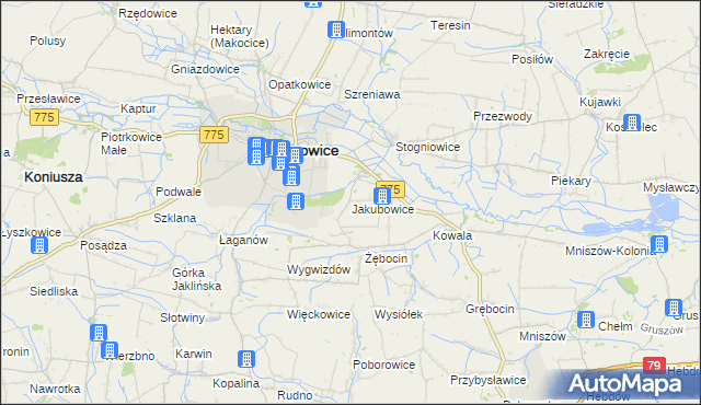 mapa Jakubowice gmina Proszowice, Jakubowice gmina Proszowice na mapie Targeo