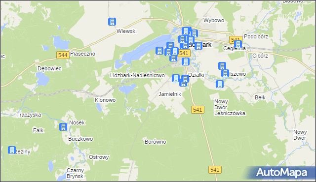 mapa Jamielnik gmina Lidzbark, Jamielnik gmina Lidzbark na mapie Targeo