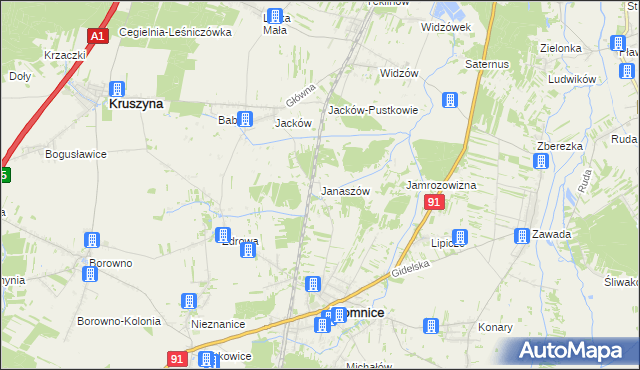 mapa Janaszów gmina Kłomnice, Janaszów gmina Kłomnice na mapie Targeo