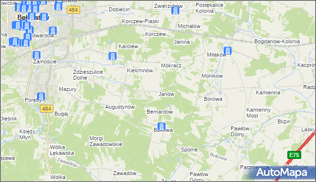 mapa Janów gmina Bełchatów, Janów gmina Bełchatów na mapie Targeo