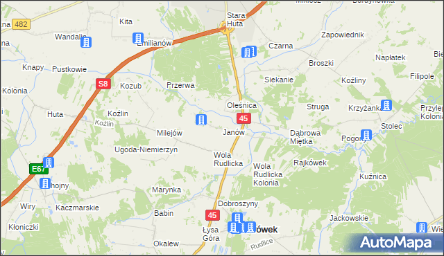 mapa Janów gmina Ostrówek, Janów gmina Ostrówek na mapie Targeo