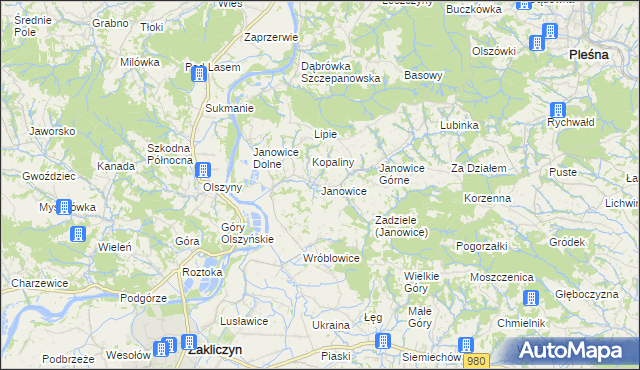 mapa Janowice gmina Pleśna, Janowice gmina Pleśna na mapie Targeo