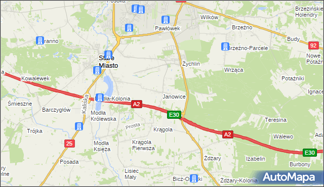 mapa Janowice gmina Stare Miasto, Janowice gmina Stare Miasto na mapie Targeo