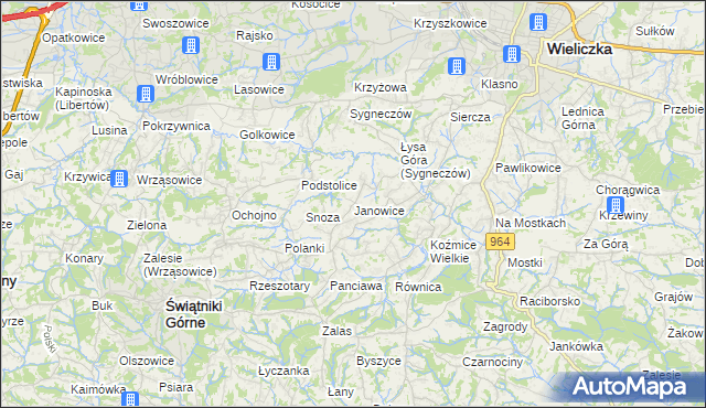 mapa Janowice gmina Wieliczka, Janowice gmina Wieliczka na mapie Targeo