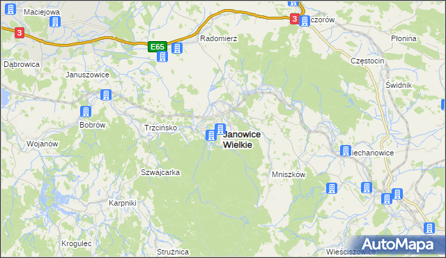 mapa Janowice Wielkie, Janowice Wielkie na mapie Targeo