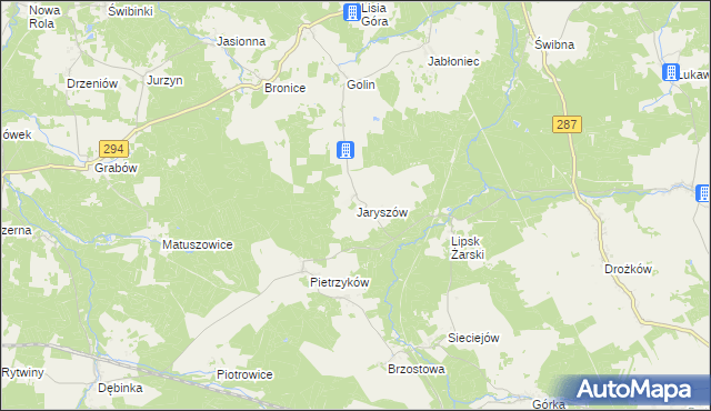 mapa Jaryszów gmina Jasień, Jaryszów gmina Jasień na mapie Targeo