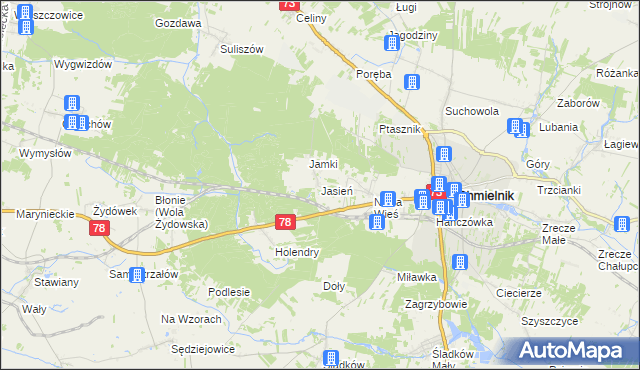 mapa Jasień gmina Chmielnik, Jasień gmina Chmielnik na mapie Targeo