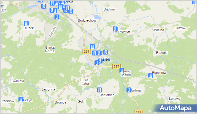 mapa Jasień powiat żarski, Jasień powiat żarski na mapie Targeo