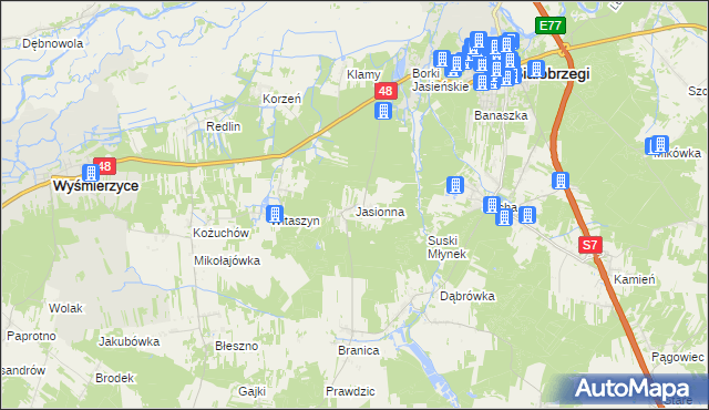 mapa Jasionna gmina Białobrzegi, Jasionna gmina Białobrzegi na mapie Targeo