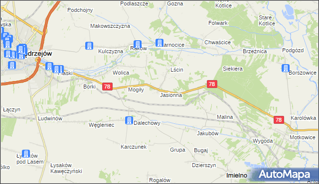 mapa Jasionna gmina Jędrzejów, Jasionna gmina Jędrzejów na mapie Targeo