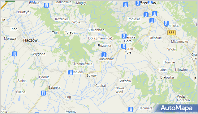mapa Jasionów gmina Haczów, Jasionów gmina Haczów na mapie Targeo