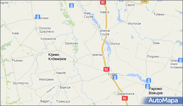 mapa Jeleniec gmina Papowo Biskupie, Jeleniec gmina Papowo Biskupie na mapie Targeo