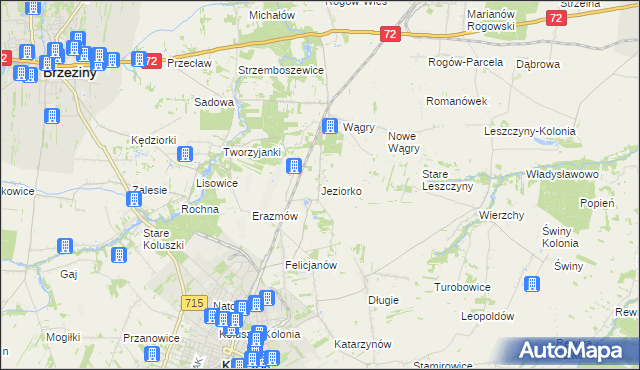 mapa Jeziorko gmina Koluszki, Jeziorko gmina Koluszki na mapie Targeo