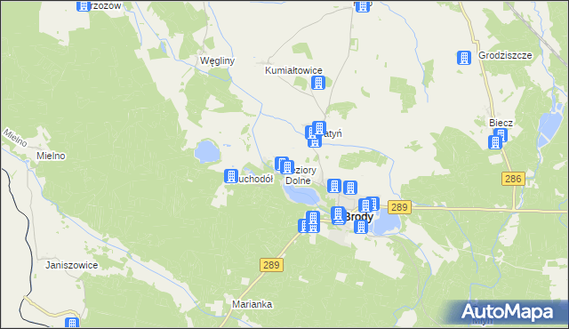 mapa Jeziory Dolne, Jeziory Dolne na mapie Targeo