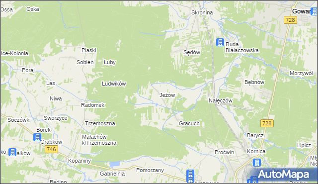 mapa Jeżów gmina Końskie, Jeżów gmina Końskie na mapie Targeo