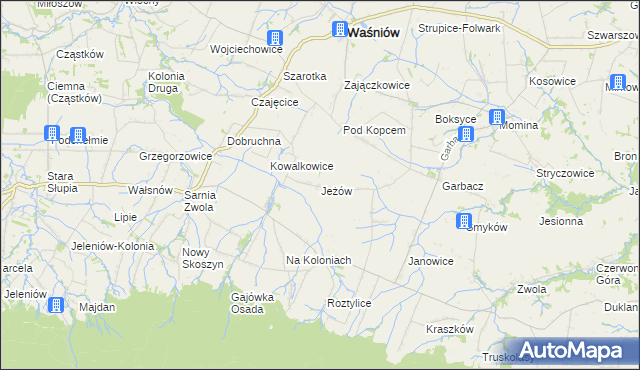 mapa Jeżów gmina Waśniów, Jeżów gmina Waśniów na mapie Targeo