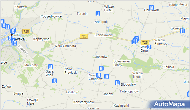 mapa Józefów gmina Biała Rawska, Józefów gmina Biała Rawska na mapie Targeo