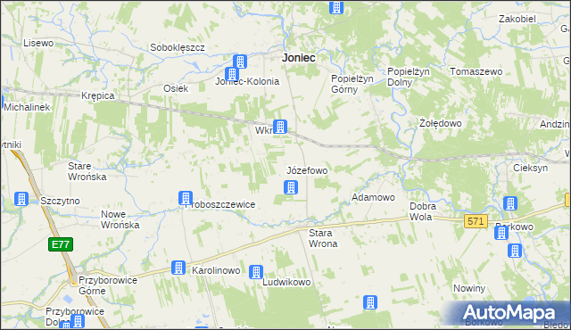 mapa Józefowo gmina Joniec, Józefowo gmina Joniec na mapie Targeo