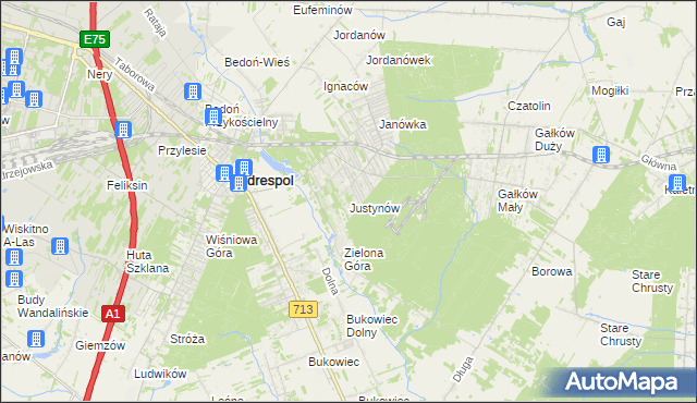 mapa Justynów gmina Andrespol, Justynów gmina Andrespol na mapie Targeo