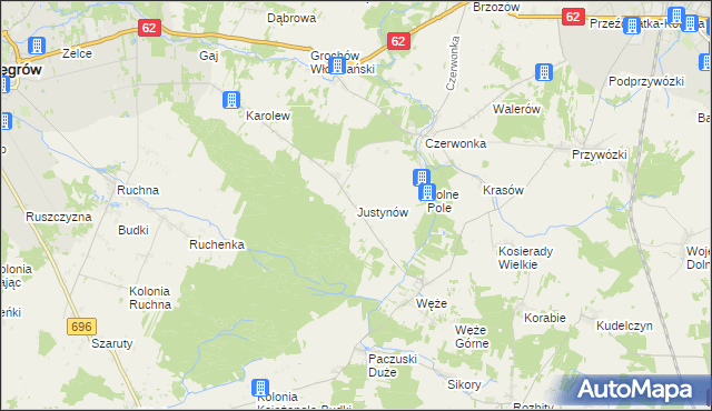 mapa Justynów gmina Sokołów Podlaski, Justynów gmina Sokołów Podlaski na mapie Targeo