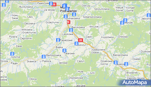 mapa Juszczyn gmina Maków Podhalański, Juszczyn gmina Maków Podhalański na mapie Targeo