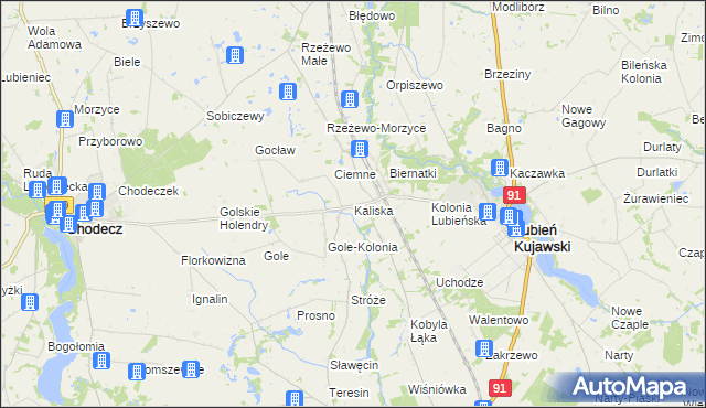 mapa Kaliska gmina Lubień Kujawski, Kaliska gmina Lubień Kujawski na mapie Targeo