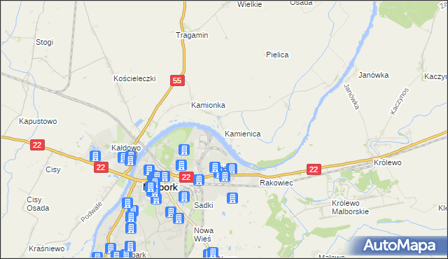 mapa Kamienica gmina Malbork, Kamienica gmina Malbork na mapie Targeo