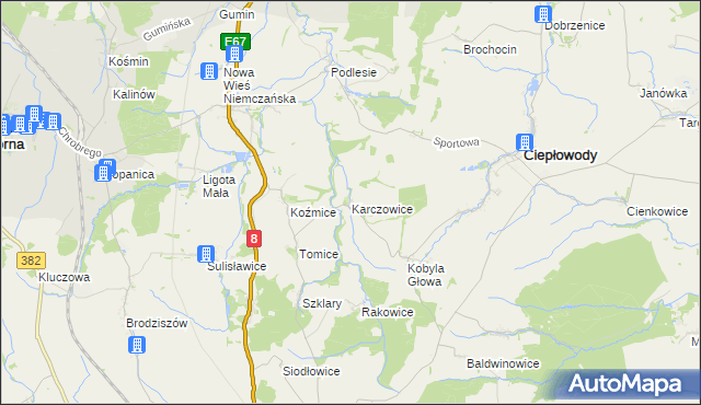 mapa Karczowice gmina Ciepłowody, Karczowice gmina Ciepłowody na mapie Targeo