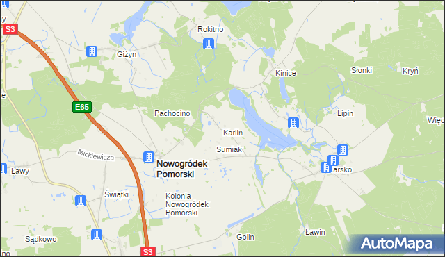 mapa Karlin gmina Nowogródek Pomorski, Karlin gmina Nowogródek Pomorski na mapie Targeo