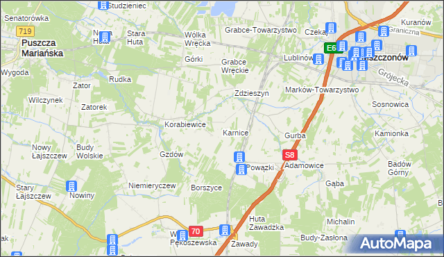 mapa Karnice gmina Puszcza Mariańska, Karnice gmina Puszcza Mariańska na mapie Targeo