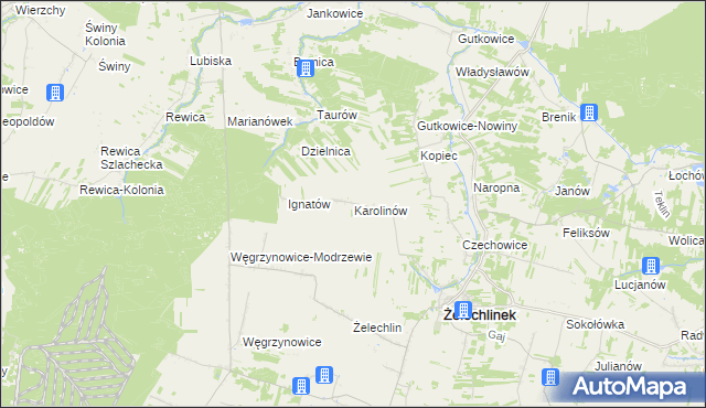 mapa Karolinów gmina Żelechlinek, Karolinów gmina Żelechlinek na mapie Targeo