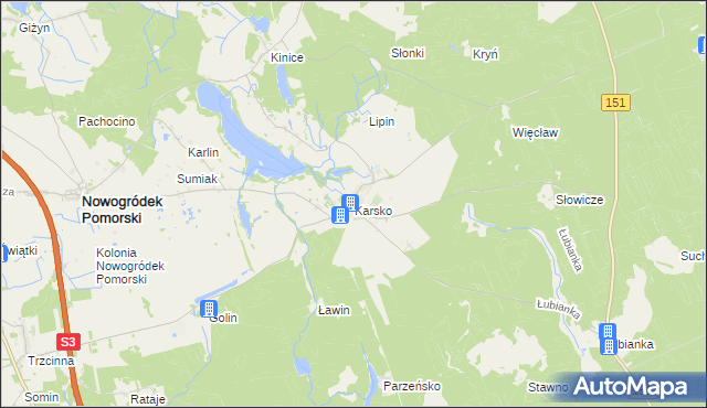 mapa Karsko gmina Nowogródek Pomorski, Karsko gmina Nowogródek Pomorski na mapie Targeo