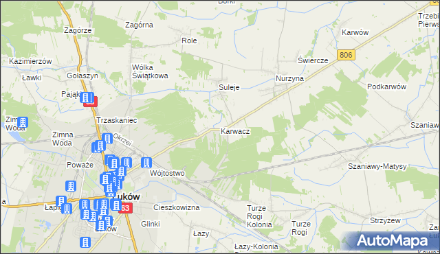 mapa Karwacz gmina Łuków, Karwacz gmina Łuków na mapie Targeo