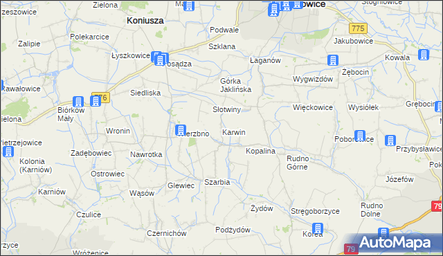 mapa Karwin gmina Koniusza, Karwin gmina Koniusza na mapie Targeo