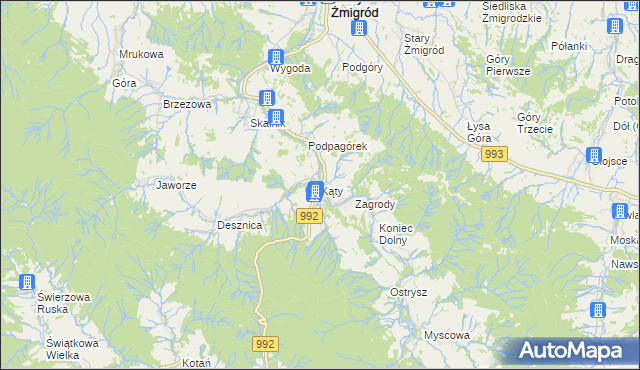 mapa Kąty gmina Nowy Żmigród, Kąty gmina Nowy Żmigród na mapie Targeo