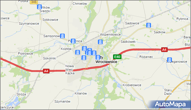 mapa Kąty Wrocławskie, Kąty Wrocławskie na mapie Targeo