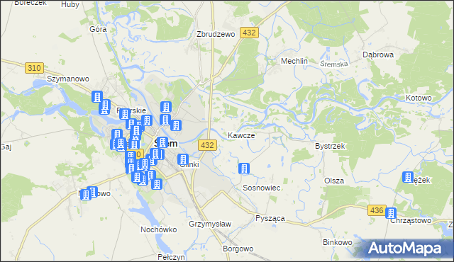 mapa Kawcze gmina Śrem, Kawcze gmina Śrem na mapie Targeo