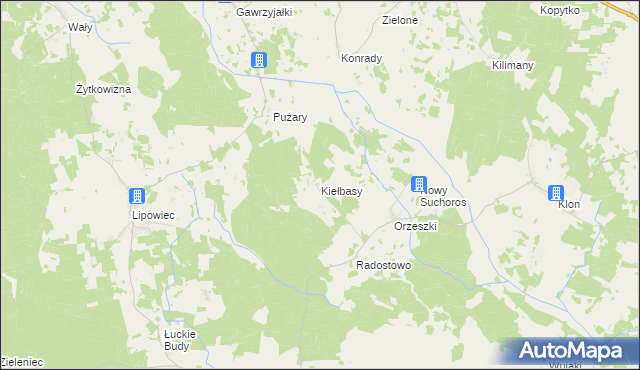 mapa Kiełbasy gmina Rozogi, Kiełbasy gmina Rozogi na mapie Targeo