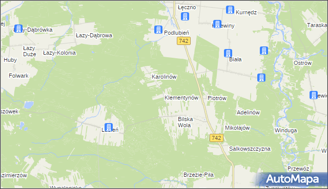 mapa Klementynów gmina Sulejów, Klementynów gmina Sulejów na mapie Targeo