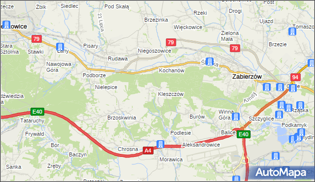 mapa Kleszczów gmina Zabierzów, Kleszczów gmina Zabierzów na mapie Targeo