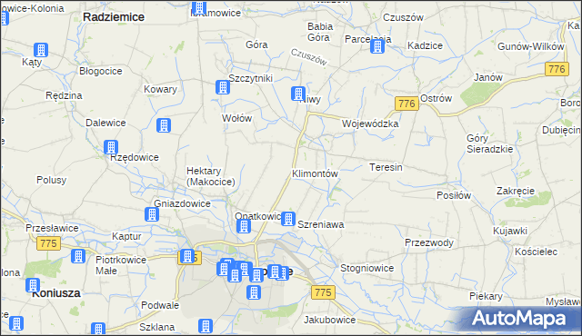 mapa Klimontów gmina Proszowice, Klimontów gmina Proszowice na mapie Targeo