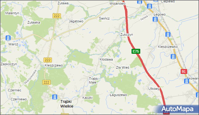 mapa Kłodawa gmina Trąbki Wielkie, Kłodawa gmina Trąbki Wielkie na mapie Targeo